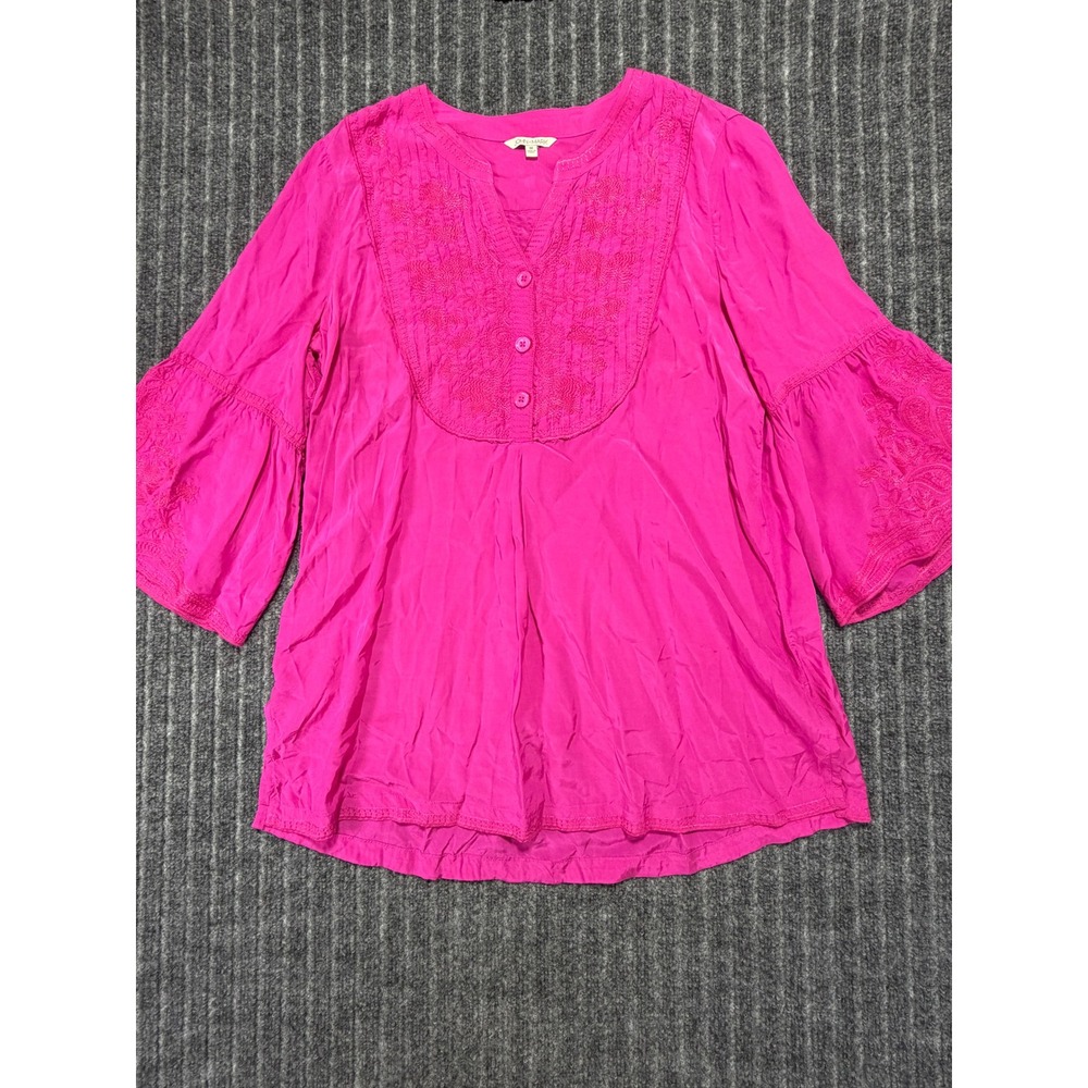John Mark Embroidered Bell Sleeve Blouse M Boho Peasant Flowy Vibrant Romantic